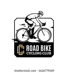 Vector road biking badge, logo, label with a rider on a bike