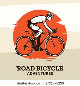 Vector road biking illustration with a rider on a bike in brown, orange and beige colors