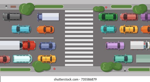 Vector road with cars in front of pedestrian zone with trees and grass on sidelines top view illustration