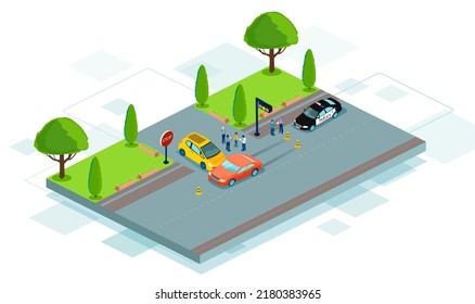 Vector of a road collision at street  intersection with two cars involved in traffic accident and police vehicle 