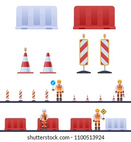 Vector road cones, road barriers, illustration road workers on the road with obstacles