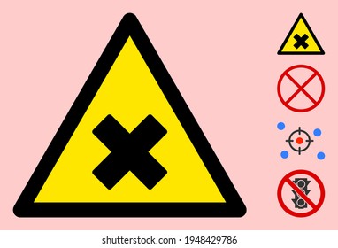Vector road cross flat warning sign. Triangle icon uses black and yellow colors. Symbol style is a flat road cross attention sign on a pink background. Icons designed for careful signals, road signs,