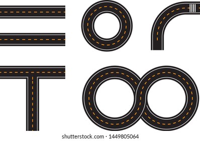 Vector road elements with markings for conceptual business path infographics. Isolated repeating transportation patterns,