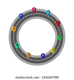 Vector Road and Highway Circle with Markers for City Map Creation. Path Design for Traffic Illustration. Asphalt Traffic Streets Isolated on White.