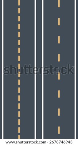 Vector road illustration showing asphalt lanes with yellow and white dashed markings, ideal for maps, traffic signs, driving lessons, transportation designs, and urban planning visuals.
