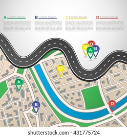 Vector road infographic with colorful pin pointer.