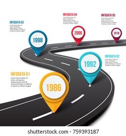 Infografía de la carretera vectorial con puntero de pasador. Plantilla de línea de tiempo con 5 marcadores en una línea de carretera curva.