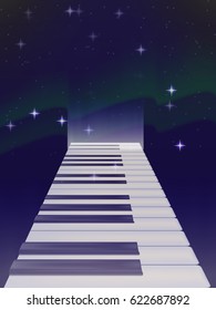 vector road of keys from a piano in the background of the Northern lights. bright stars. the night sky