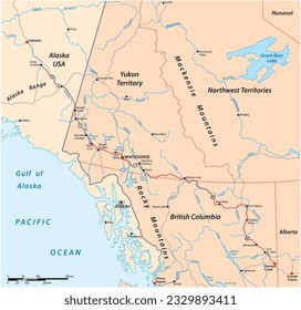 Vector road map of the Alaska Highway from Delta Junction to Dawson Creek, Canada, USA