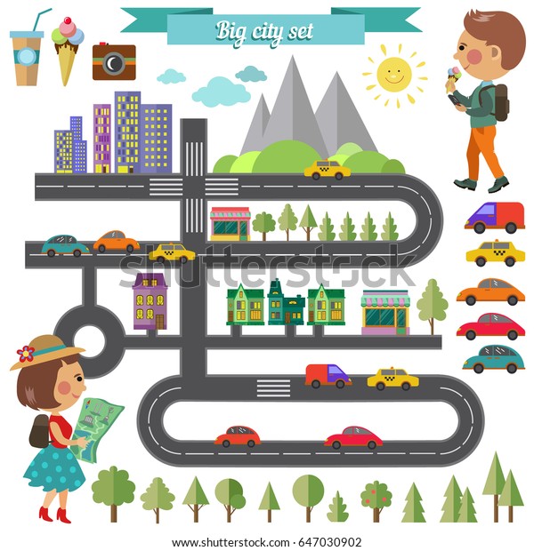 Vector road map and another\
elements. Tourists, road, building, car. Girl and boy. Vector flat\
set.