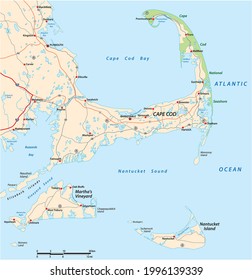 vector road map Cape Cod, Martha´s Vineyard, Nantucket, Massachusetts, USA svg