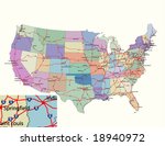 Vector road map of conterminous USA with separable states, primary Interstate Highways, state capitals and other important cities. 118 Layers, fully editable.