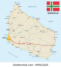 vector road map of the Danish island bornholm in the Baltic sea with flag