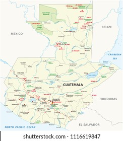 Vector road map of Guatemala with the main Mayan ruins and national parks