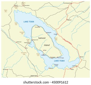 Vector Road Map Of Indonesian Volcano Lake Toba On Sumatra