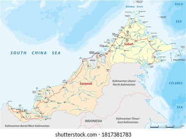 vector road map of the Malaysian states of Sarawak and Sabah on the island of Borneo, Malaysia