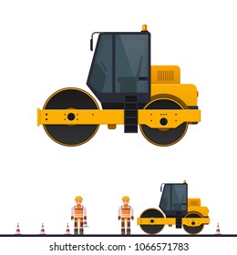 Vector road roller, road roller rolls asphalt, vector illustration construction road