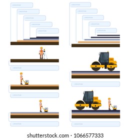 Vector road roller, road roller rolls asphalt, vector illustration construction road