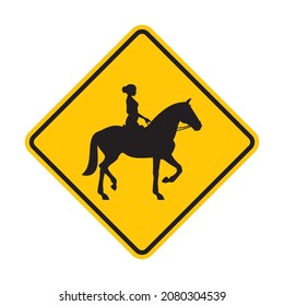 Vector road sign with black silhouette of a woman riding a horse. Isolated on white background.