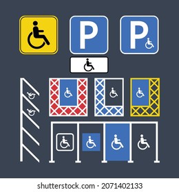 Vector road sign disabled handicapped parking signs and symbols, wheelchair icon, white, blue and yellow markings set