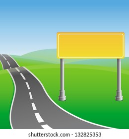 Vector road sign and green landscape