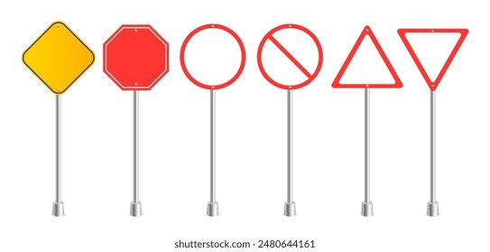 Vector road sign. Realistic blank traffic regulatory template. Empty warning banners mockup element