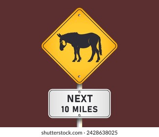 Vector road sign. Yellow rhombus with a dark silhouette of a donkey. White plate saying next 10 miles.