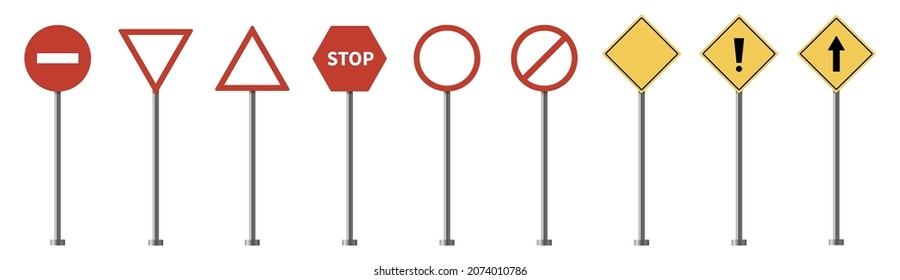 Vector road signs isolated on white background. Blank traffic signs. Speed limit, stop.