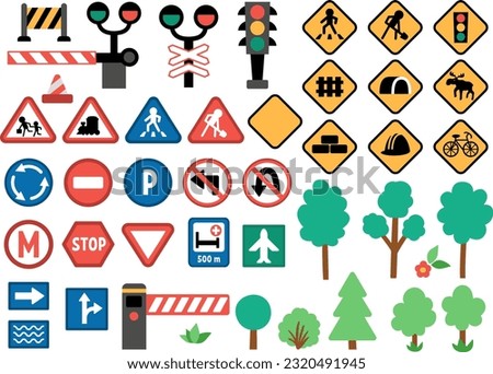 Vector road signs set. Railway and traffic street icons collection with barrier, semaphore, construction works cone. Cute highway rules clipart with trees, traffic lights
