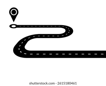 Vector road with target distention in the end. Winding path with location pin.