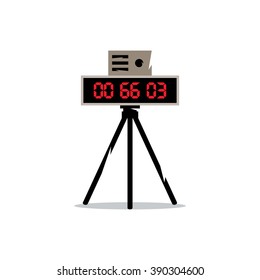 Vector Road traffic recorder speed photo and video fixation Cartoon Illustration. Digital clock with red seconds on a tripod. Isolated on a white background