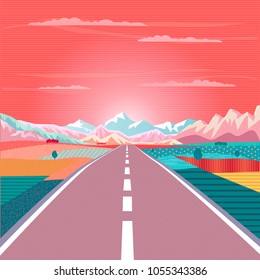 Vector Road trip, rocky mountains, sunset sky, airplane, rural landscape, highway, car Summer painting poster. Traveling, Adventures in nature, Voyage, Camping, outdoor recreation, vacation California