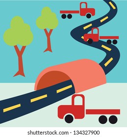Vector road tunnel trucks and trees