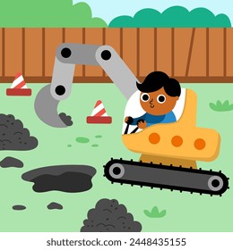 Vector road work landscape illustration. Scene with kid driver in crawler digger repairing track or digging a hole. Cute repair service or construction site square background with funny vehicle
