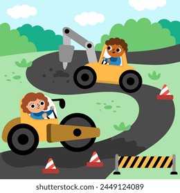 Vector road work landscape illustration. Scene with kid drivers in roller car and digger building or repairing track. Cute repair service or construction site square background with funny vehicles
