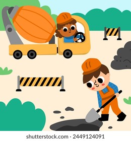 Vector road work landscape illustration. Scene with kid driver in concrete mixer and worker digging a hole. Cute repair service or construction site square background with funny vehicle
