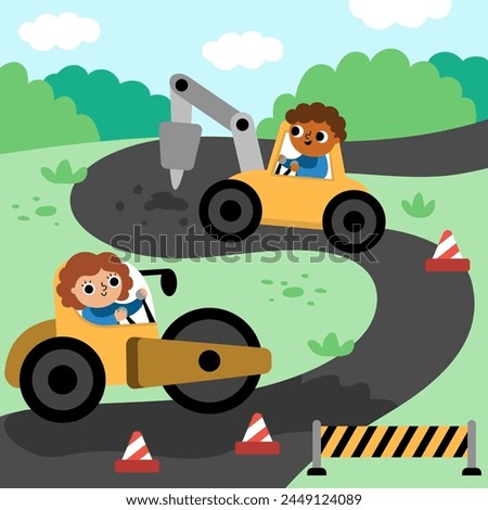 Vector road work landscape illustration. Scene with kid drivers in roller car and digger building or repairing track. Cute repair service or construction site square background with funny vehicles
