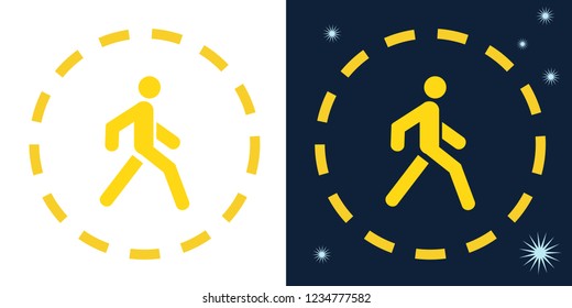 Vector road yellow sign of a pedestrian walking person in a circle, snow on the asphalt, on a dark and white background.