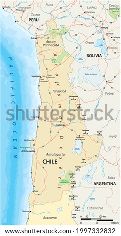 vector roads and national park map of the Atacama desert in the north of Chile