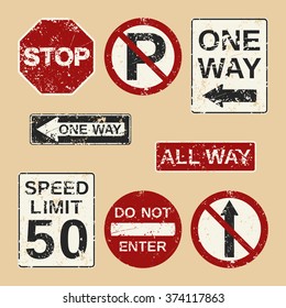 El conjunto de señales de carretera de los vectores consiste en señales "Stop", "No parking", "One Way", "All way", "Speed limit", "Do not enter", "No directo". Iconos de señalización de carretera totalmente editables para sus proyectos.