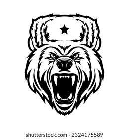 Vector roaring Russian bear in a traditional hat with a star, isolated on a white background