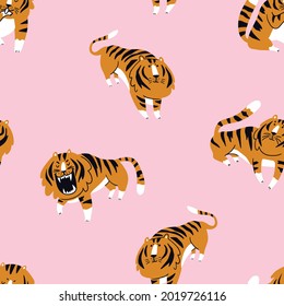 Vector roaring tiger seamless pattern on pink background. Funny characters in different poses. Vector cute zoo pattern design for kids.