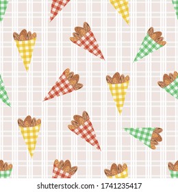 Nueces de almendras asadas vectoriales en bolsas de papel de gingham lindas sin costura. Semillas de oval marrón sobre fondo de manta pastel. Repito de cáscaras del núcleo para feria de alimentos, confitería, concepto de mercado de los agricultores