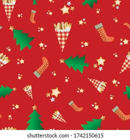 Vector roasted almond nuts in gingham paper bags seamless pattern background. Golden confectionery, festive trees, stars on red backdrop. Design for food or Christmas fair, farmers market concept
