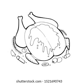 Vector roasted whole chicken. Engraved food illustration.