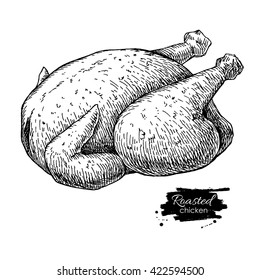 Vector roasted whole chicken. Engraved food illustration.