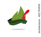 Vector Robin Hood Hat Cartoon Illustration. Austrian green hat with a red feather sticking out. Branding Identity Corporate unusual Logo isolated on a white background