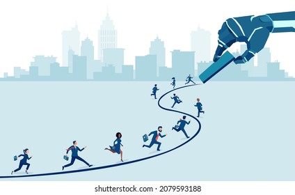 Vector of a robot AI drawing a career path to a running competing group of business people 
