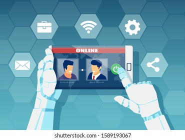 Vector of a robot ai providing customer, chatbot operator service to networking  people.
