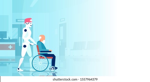 Vector of a robot assisting disabled senior man in a wheelchair in the hospital 